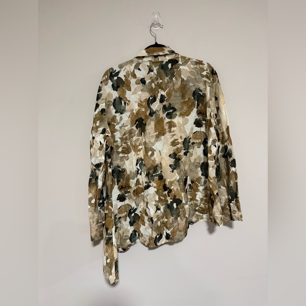 Lisa Bayne Floral Linen Blend Asymmetrical Button Up Top Size XL Lagenlook Artsy - Picture 2 of 10